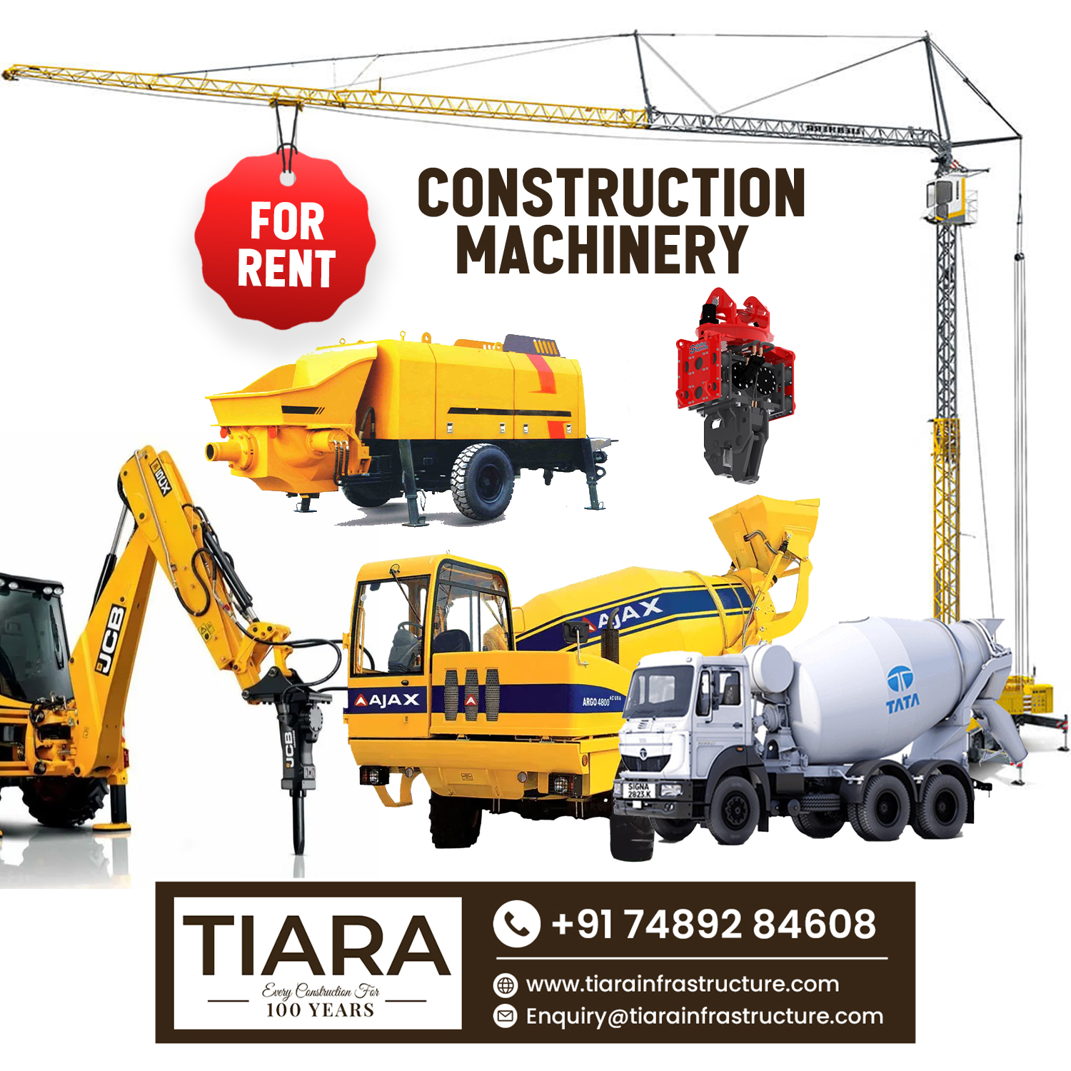 Rental- Ajax Fiori Self Loading Concrete mixer &  Transit Mixer, Rock Concrete Breaker, Concrete Batching Plant & Pump, Mobile Tower Crane and Other construction Machinery on Rent Near me